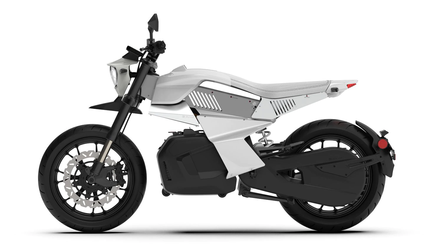 2023 Ryvid Anthem Launch Edition, à partir de la gauche. Remarquez le moteur fixé au bras oscillant entraîné par courroie.